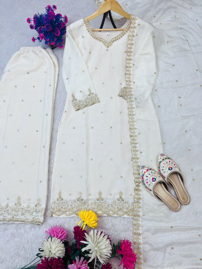 White Chinon Silk Sequins Straight Suit