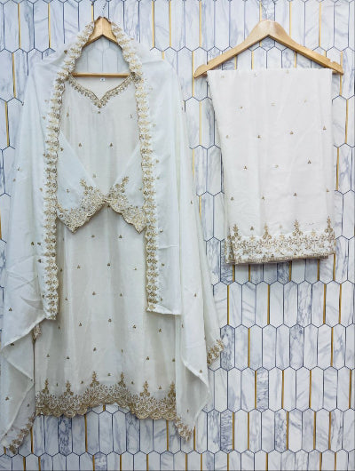 White Chinon Silk Sequins Straight Suit