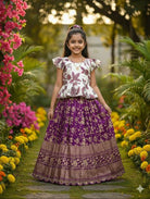Purple & White Kids Zari Silk Lehenga Blouse Set - BONYHUBLehangas
