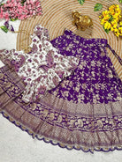 Purple & White Kids Zari Silk Lehenga Blouse Set - BONYHUBLehangas