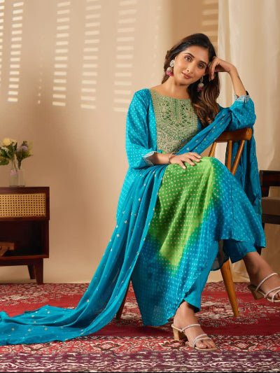 Aqua Blue Green Fusion Bandhani Chinon Silk Anarkali Suit - BONYHUBSALWAR KAMEEZ