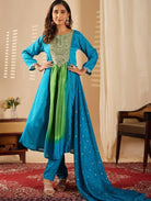 Aqua Blue Green Fusion Bandhani Chinon Silk Anarkali Suit - BONYHUBSALWAR KAMEEZ