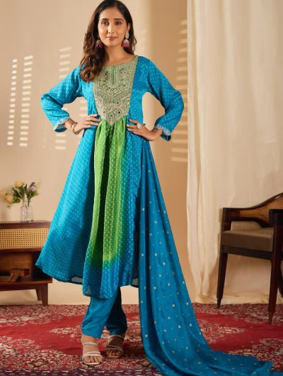Aqua Blue Green Fusion Bandhani Chinon Silk Anarkali Suit - BONYHUBSALWAR KAMEEZ