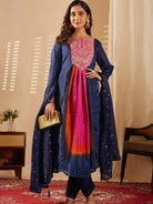 Navy Blue Pink Fusion Bandhani Chinon Silk Anarkali Suit - BONYHUBSALWAR KAMEEZ
