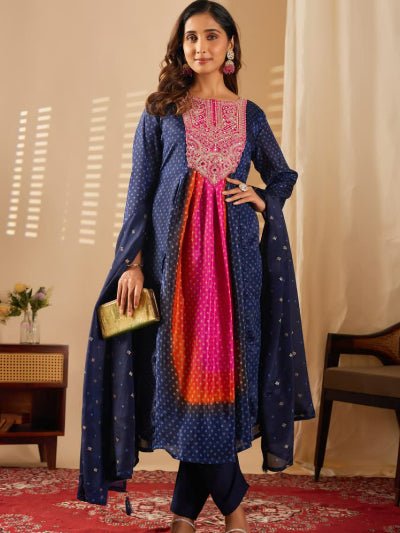 Navy Blue Pink Fusion Bandhani Chinon Silk Anarkali Suit - BONYHUBSALWAR KAMEEZ