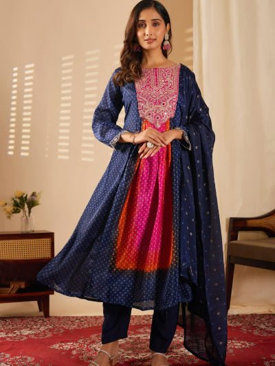 Navy Blue Pink Fusion Bandhani Chinon Silk Anarkali Suit - BONYHUBSALWAR KAMEEZ
