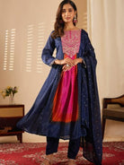 Navy Blue Pink Fusion Bandhani Chinon Silk Anarkali Suit - BONYHUBSALWAR KAMEEZ