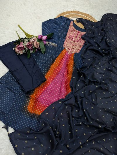 Navy Blue Pink Fusion Bandhani Chinon Silk Anarkali Suit - BONYHUBSALWAR KAMEEZ
