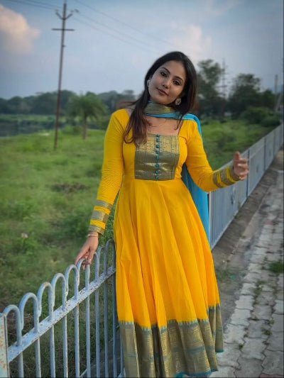 Yellow South Chanderi Cotton Jacquard Zari Anarkali Dupatta 2pc - BONYHUBSALWAR KAMEEZ