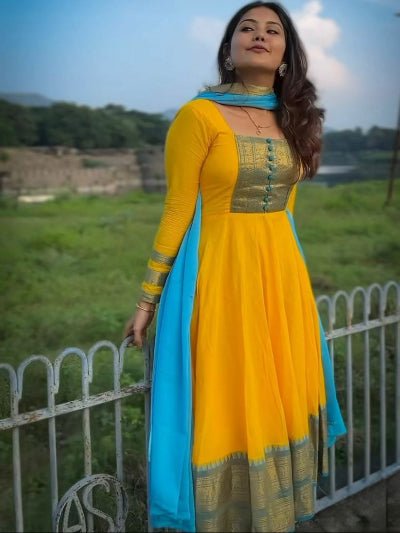 Yellow South Chanderi Cotton Jacquard Zari Anarkali Dupatta 2pc - BONYHUBSALWAR KAMEEZ