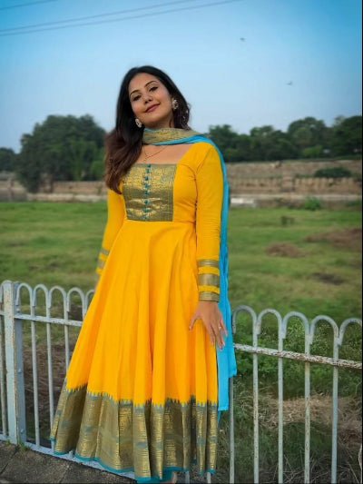 Yellow South Chanderi Cotton Jacquard Zari Anarkali Dupatta 2pc - BONYHUBSALWAR KAMEEZ