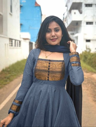 Grey South Chanderi Cotton Jacquard Zari Anarkali Dupatta 2pc - BONYHUBSALWAR KAMEEZ