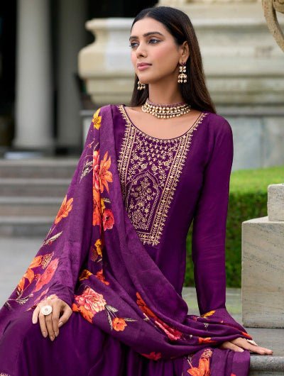 Purple Vichitra Silk Embroidered Anarkali Suit With Floral Dupatta - BONYHUBSALWAR KAMEEZ