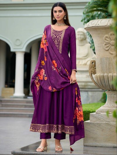 Purple Vichitra Silk Embroidered Anarkali Suit With Floral Dupatta - BONYHUBSALWAR KAMEEZ