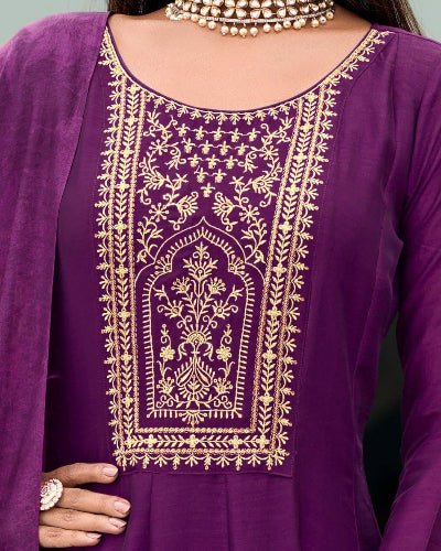 Purple Vichitra Silk Embroidered Anarkali Suit With Floral Dupatta - BONYHUBSALWAR KAMEEZ