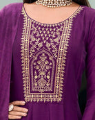 Purple Vichitra Silk Embroidered Anarkali Suit With Floral Dupatta - BONYHUBSALWAR KAMEEZ