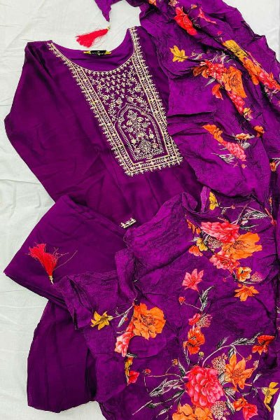 Purple Vichitra Silk Embroidered Anarkali Suit With Floral Dupatta - BONYHUBSALWAR KAMEEZ