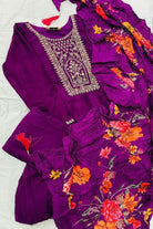 Purple Vichitra Silk Embroidered Anarkali Suit With Floral Dupatta - BONYHUBSALWAR KAMEEZ