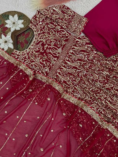 Red Georgette Partywear Embellished Anarkali Gown Suit - BONYHUBSALWAR KAMEEZ