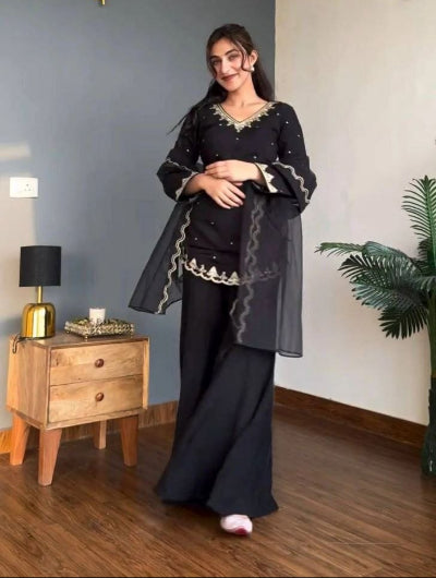 Black Embroidered Tunic Style Kurti With Palazzo &amp; Dupatta
