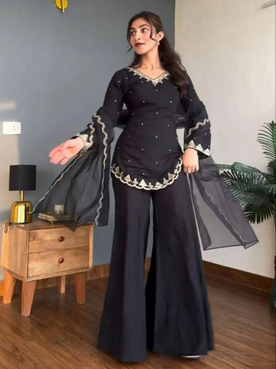 Black Embroidered Tunic Style Kurti With Palazzo &amp; Dupatta