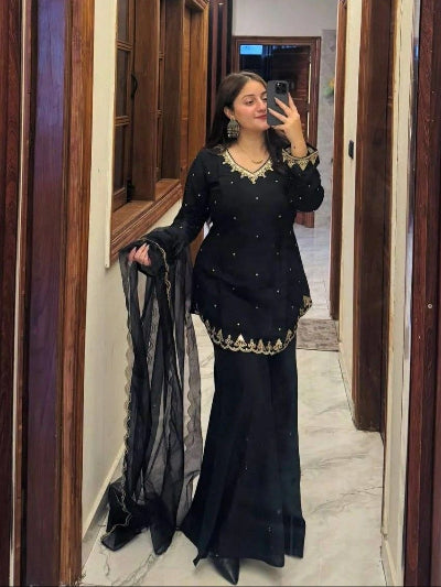 Black Embroidered Tunic Style Kurti With Palazzo &amp; Dupatta