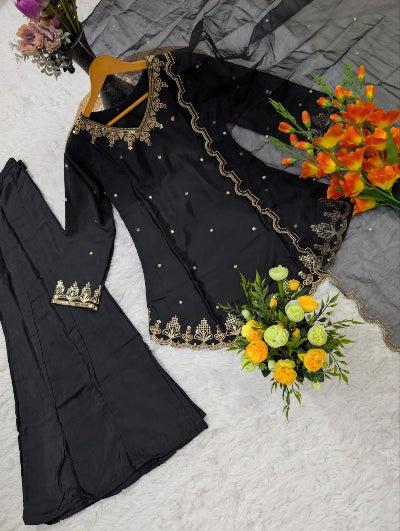 Black Embroidered Tunic Style Kurti With Palazzo &amp; Dupatta