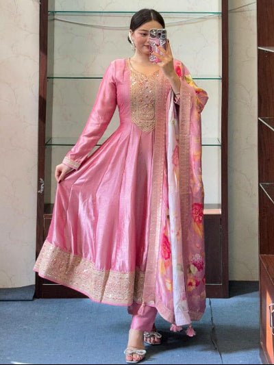 Rose Pink Chinon Silk Anarkali Suit With Floral Dupatta - BONYHUBSALWAR KAMEEZ