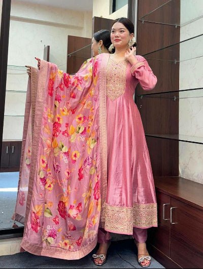 Rose Pink Chinon Silk Anarkali Suit With Floral Dupatta - BONYHUBSALWAR KAMEEZ