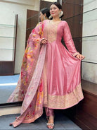 Rose Pink Chinon Silk Anarkali Suit With Floral Dupatta - BONYHUBSALWAR KAMEEZ