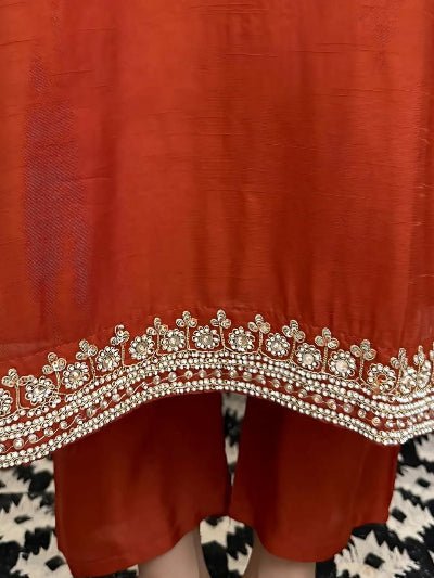 Rust Orange Chanderi Silk Embroidery Suit - BONYHUBSALWAR KAMEEZ