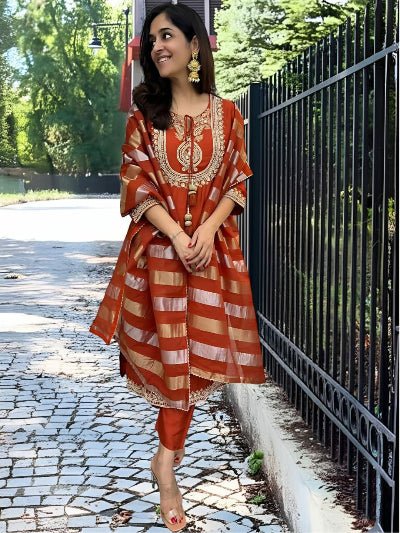 Rust Orange Chanderi Silk Embroidery Suit - BONYHUBSALWAR KAMEEZ