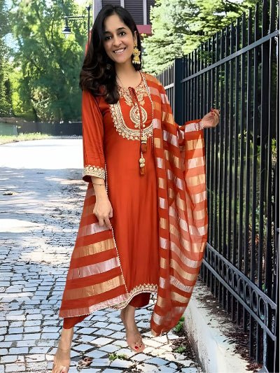 Rust Orange Chanderi Silk Embroidery Suit - BONYHUBSALWAR KAMEEZ