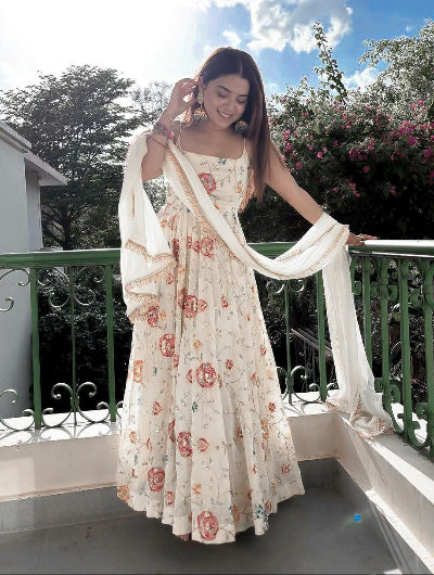 White Georgette Floral Sleeveless Anarkali Suit Set