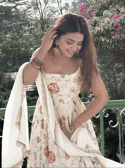 White Georgette Floral Sleeveless Anarkali Suit Set