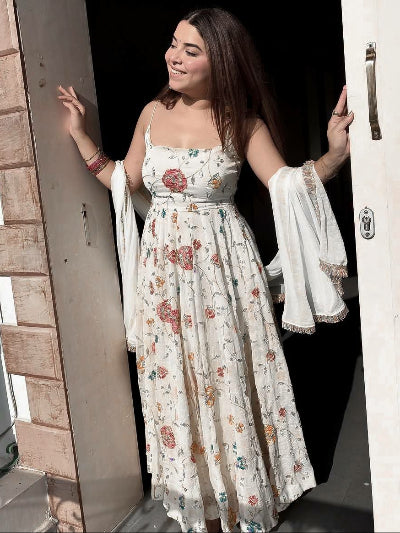 White Georgette Floral Sleeveless Anarkali Suit Set