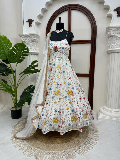 White Georgette Floral Sleeveless Anarkali Suit Set