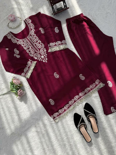 Maroon Rayon Embroidered Kurti Pant Set Of 2