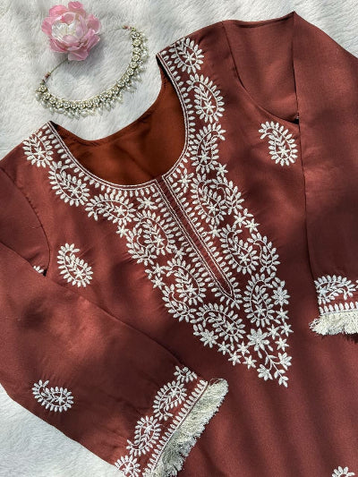 Brown Rayon Embroidered Kurti Pant Set Of 2