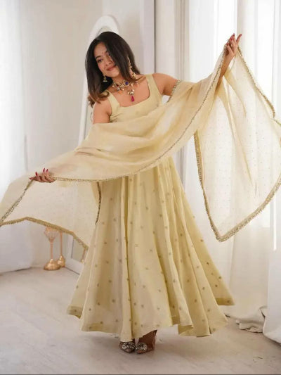 Ivory Gold Elegant Embroidery Work Anarkali Suit