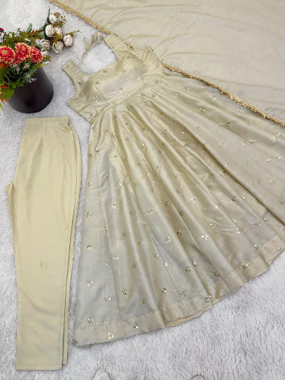 Ivory Gold Elegant Embroidery Work Anarkali Suit