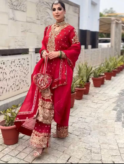Royal Red Embroidered Crunchy Silk Suit