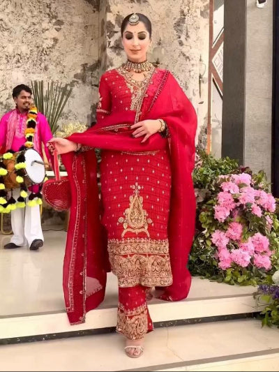 Royal Red Embroidered Crunchy Silk Suit