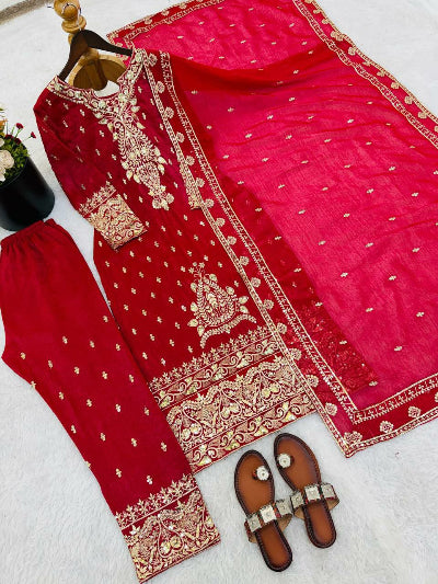 Royal Red Embroidered Crunchy Silk Suit