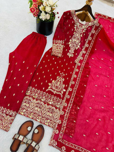 Royal Red Embroidered Crunchy Silk Suit