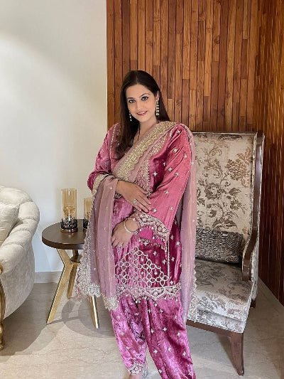 Mauve Pink Luxurious Velvet Embroidery Moti Work Suit - BONYHUBSALWAR KAMEEZ