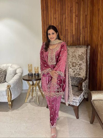 Mauve Pink Luxurious Velvet Embroidery Moti Work Suit - BONYHUBSALWAR KAMEEZ