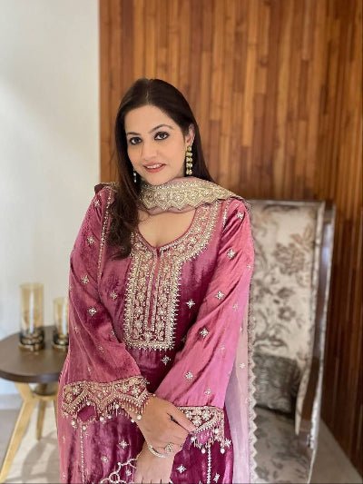 Mauve Pink Luxurious Velvet Embroidery Moti Work Suit - BONYHUBSALWAR KAMEEZ