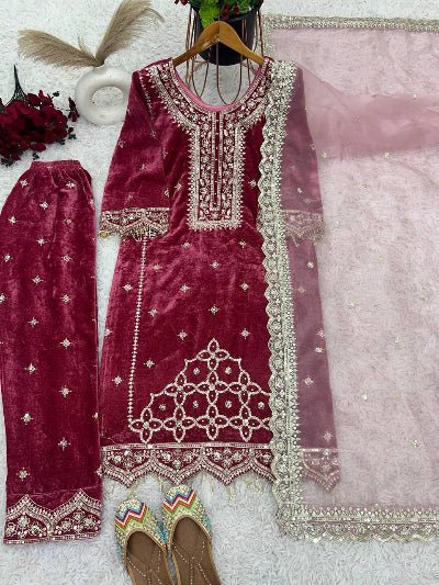Mauve Pink Luxurious Velvet Embroidery Moti Work Suit - BONYHUBSALWAR KAMEEZ