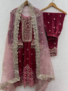 Mauve Pink Luxurious Velvet Embroidery Moti Work Suit - BONYHUBSALWAR KAMEEZ